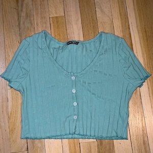 teal-ish green lettuce trim, rib knit, buttoned up crop top!!